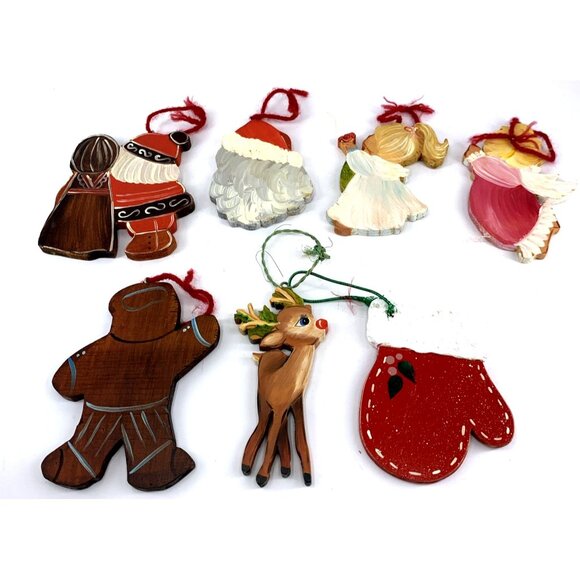 Wood Hand Painted Christmas Ornaments Rustic Country Folk Art 5" Tall Set of 7 - Picture 9 of 10